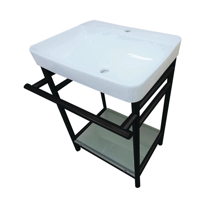 Kingston Brass VPB23180 Sheridan 23" Ceramic Console Sink with Stainless Steel Legs and Glass Shelf (1-Hole), White/Matte Black