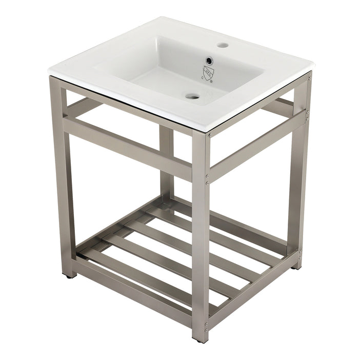 Kingston Brass VWP2522A8 Quadras 25" Ceramic Console Sink with Stainless Steel Base and Shelf (1-Hole), White/Brushed Nickel
