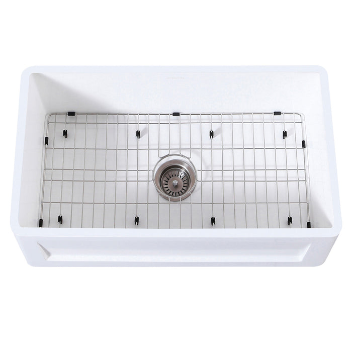 Gourmetier KGKFA331810SQ 33" x 18" Farmhouse Kitchen Sink with Strainer and Grid, Matte White/Brushed
