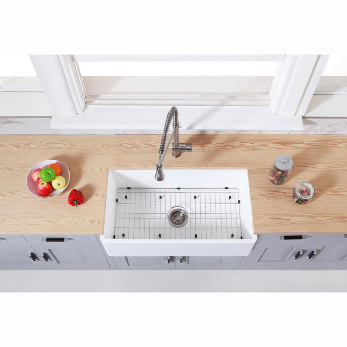 Gourmetier KGKFA361810BC 36" x 18" Farmhouse Kitchen Sink with Strainer and Grid, Matte White/Brushed