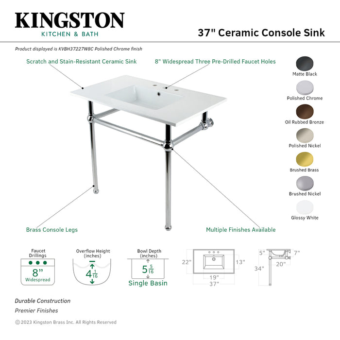 Kingston Brass KVBH37227W8ORB Templeton 37" Ceramic Console Sink with Brass Legs (8-Inch, 3-Hole), White/Oil Rubbed Bronze