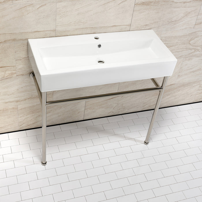Kingston Brass VPB39176ST New Haven 39" Porcelain Console Sink with Stainless Steel Legs (1-Hole), White/Polished Nickel