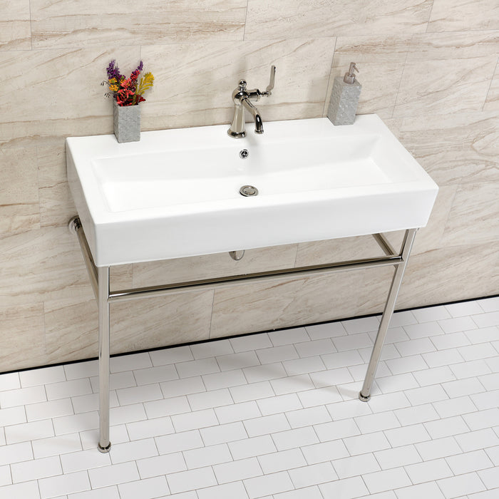 Kingston Brass VPB39176ST New Haven 39" Porcelain Console Sink with Stainless Steel Legs (1-Hole), White/Polished Nickel