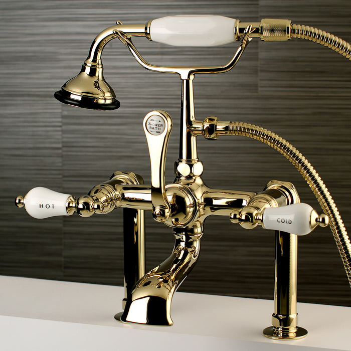 Kingston Brass AE107T2 Aqua Vintage 7" Center Deck-Mount Clawfoot Tub Faucet with Hand Shower, Polished Brass
