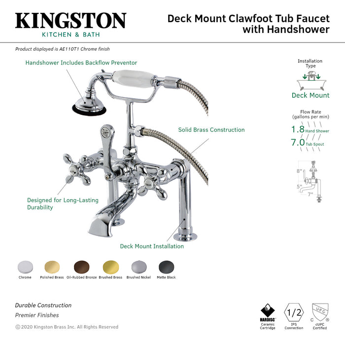 Kingston Brass AE109T5 Aqua Vintage 7" Center Deck-Mount Clawfoot Tub Faucet with Hand Shower, Oil Rubbed Bronze