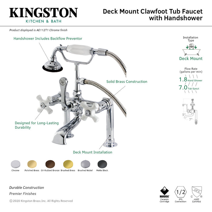 Kingston Brass AE111T2 Aqua Vintage 7" Center Deck-Mount Clawfoot Tub Faucet with Hand Shower, Polished Brass