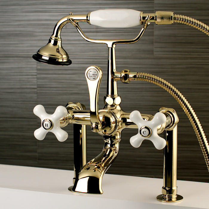Kingston Brass AE111T2 Aqua Vintage 7" Center Deck-Mount Clawfoot Tub Faucet with Hand Shower, Polished Brass