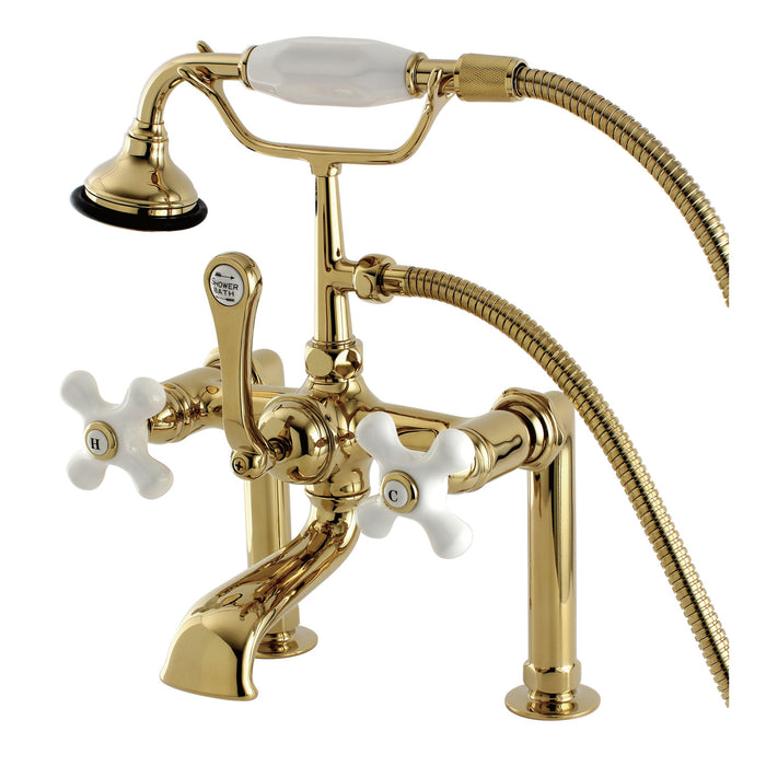 Kingston Brass AE111T2 Aqua Vintage 7" Center Deck-Mount Clawfoot Tub Faucet with Hand Shower, Polished Brass