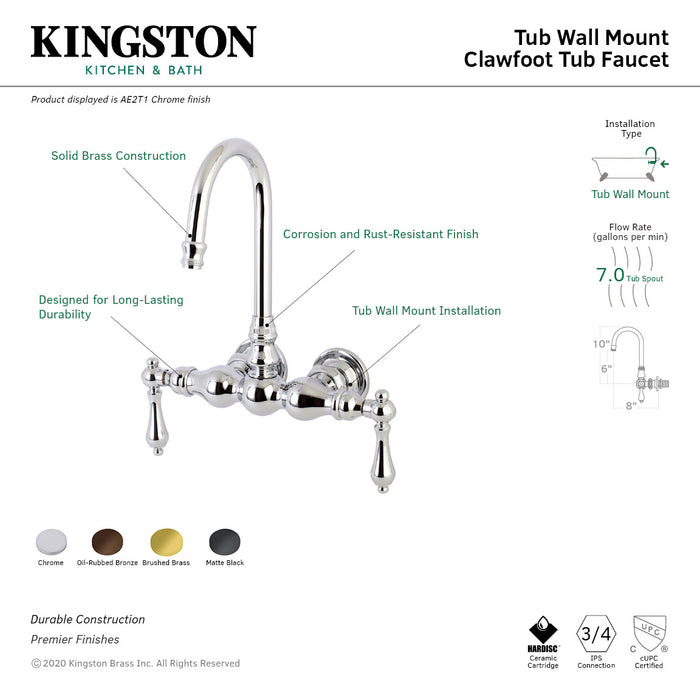 Kingston Brass AE1T0 Aqua Vintage 3-3/8 Inch Wall Mount Tub Faucet, Matte Black