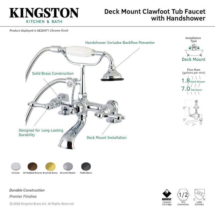 Kingston Brass AE203T5 Aqua Vintage 7" Center Deck-Mount Clawfoot Tub Faucet with Hand Shower, Oil Rubbed Bronze