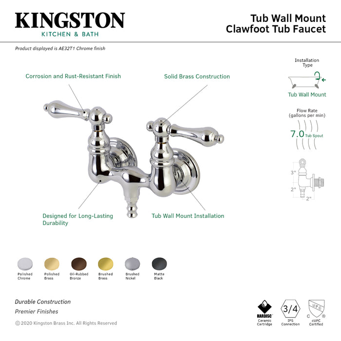 Kingston Brass AE31T0 Aqua Vintage 3-3/8 Inch Wall Mount Tub Faucet, Matte Black