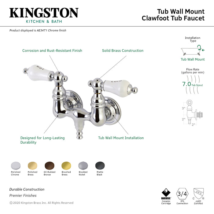 Kingston Brass AE33T0 Aqua Vintage 3-3/8 Inch Wall Mount Tub Faucet, Matte Black