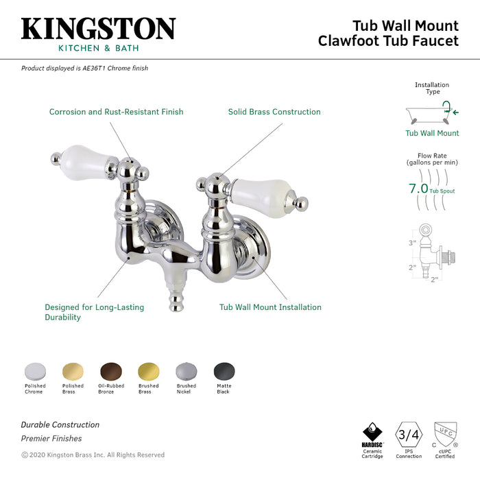 Kingston Brass AE35T0 Aqua Vintage 3-3/8 Inch Wall Mount Tub Faucet, Matte Black