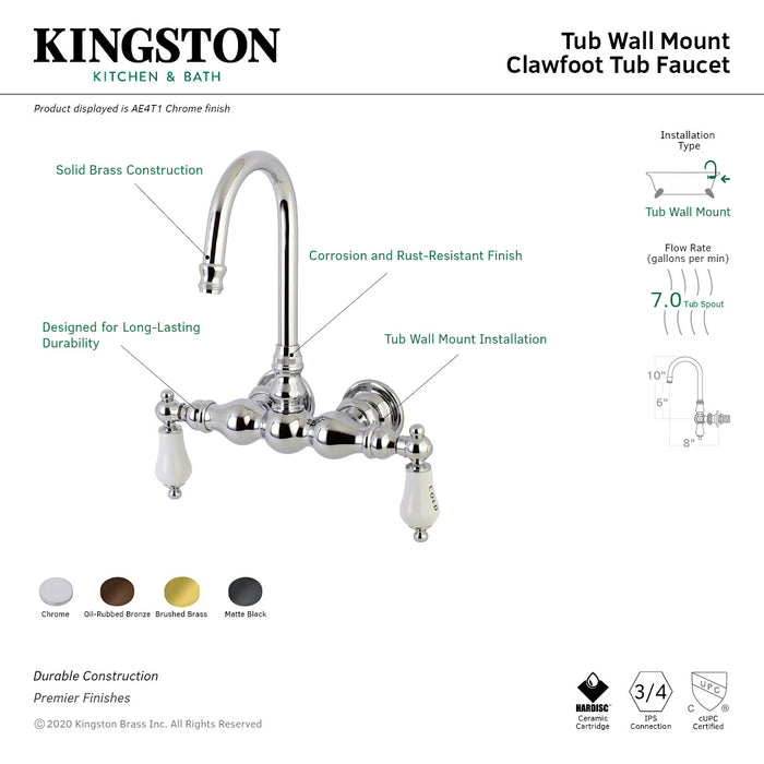 Kingston Brass AE4T1 Aqua Vintage 3-3/8 Inch Wall Mount Tub Faucet, Polished Chrome