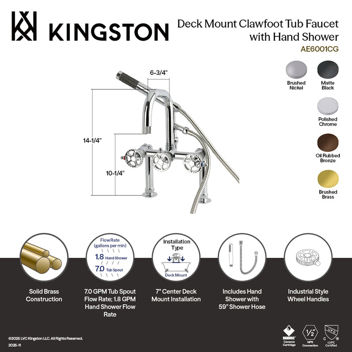 Kingston Brass AE6005CG Fuller 7" Center Deck-Mount Clawfoot Tub Faucet with Hand Shower, Oil Rubbed Bronze