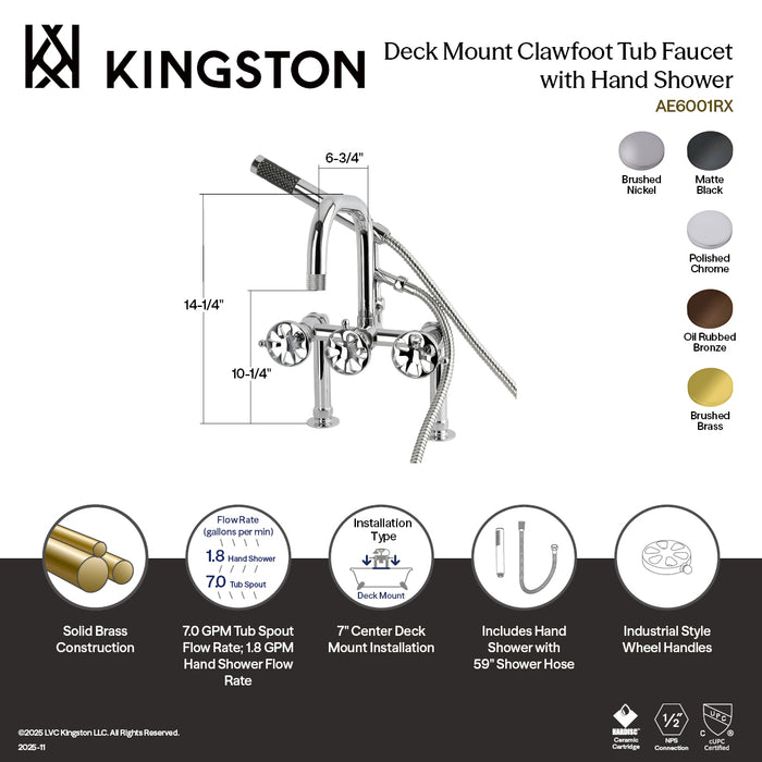 Kingston Brass AE6005RX Belknap 7" Center Deck-Mount Clawfoot Tub Faucet with Hand Shower, Oil Rubbed Bronze