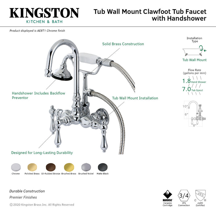 Kingston Brass AE7T2 Aqua Vintage Wall Mount Clawfoot Tub Faucet, Polished Brass