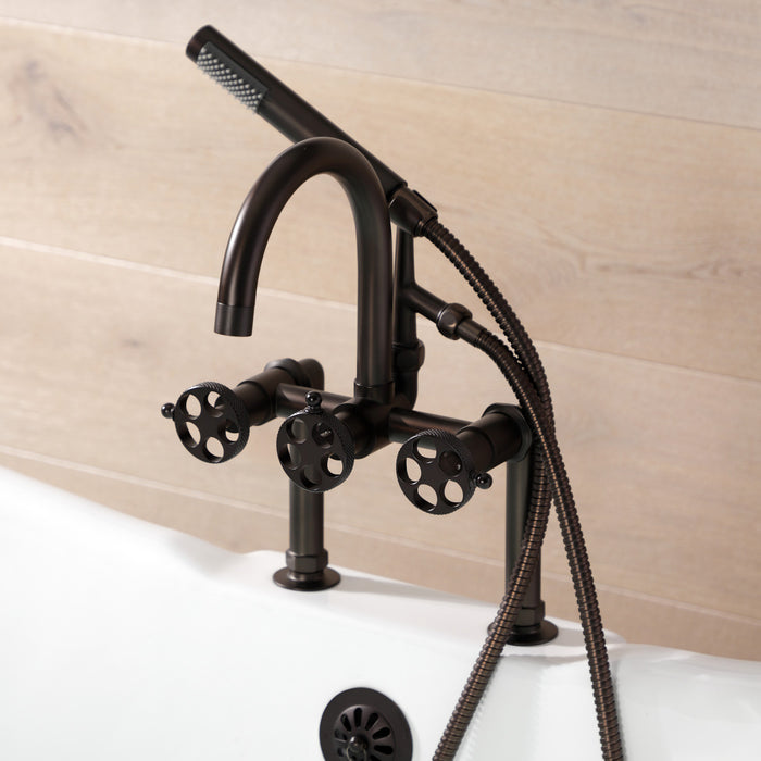 Kingston Brass AE8105RKX Webb 7" Center Deck-Mount Clawfoot Tub Faucet with Knurled Handle and Hand Shower, Oil Rubbed Bronze