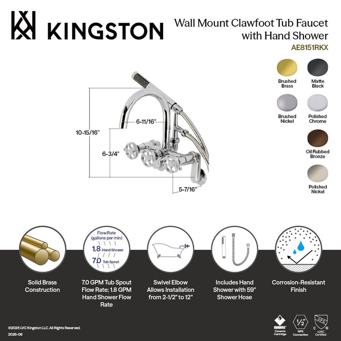 Kingston Brass AE8155RKX Webb 7-Inch Adjustable Wall Mount Clawfoot Tub Faucet with Knurled Handle and Hand Shower, Oil Rubbed Bronze
