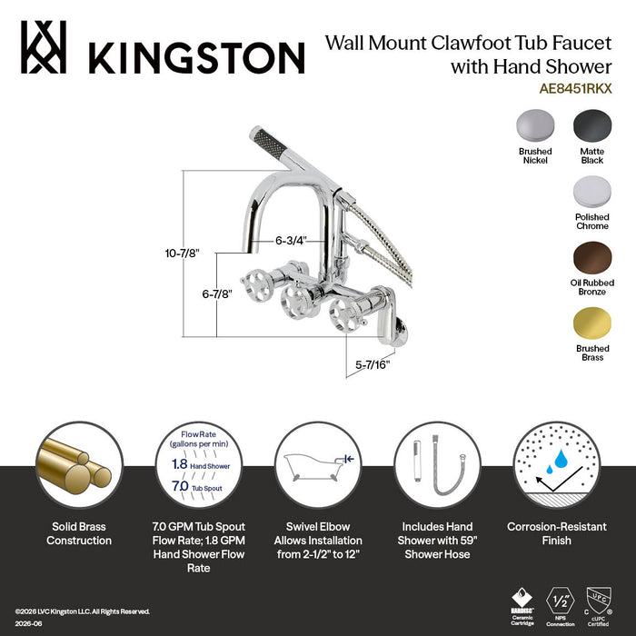 Kingston Brass AE8455RKX Webb 7-Inch Adjustable Wall Mount Clawfoot Tub Faucet with Knurled Handle and Hand Shower, Oil Rubbed Bronze