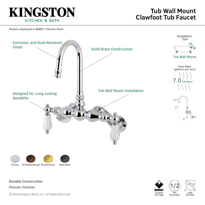 Kingston Brass AE86T1 Aqua Vintage Adjustable Center Wall Mount Tub Faucet, Polished Chrome