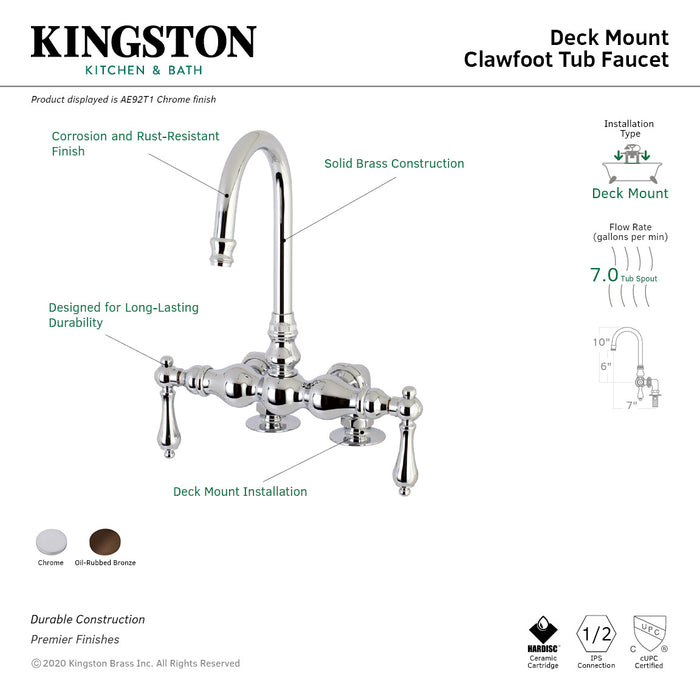 Kingston Brass AE92T1 Vintage 3-3/8" Center Deck-Mount Clawfoot Tub Faucet, Polished Chrome