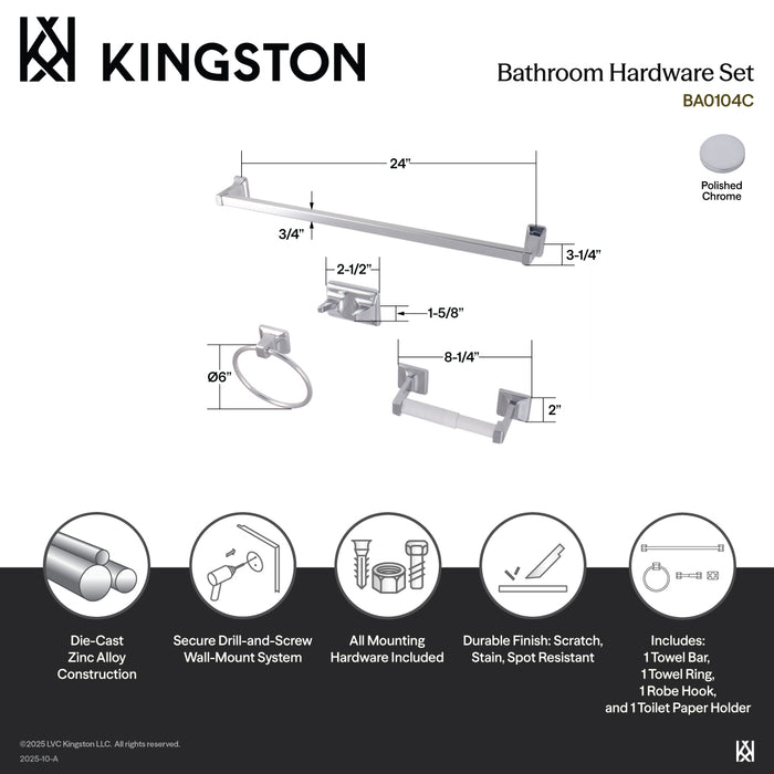 Kingston Brass BA0104C Americana 4-Piece 24" Towel Bar Bathroom Accessory Set, Polished Chrome