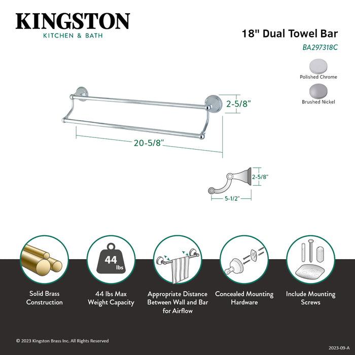 Kingston Brass BA297318C Governor 18" Double Towel Bar, Polished Chrome
