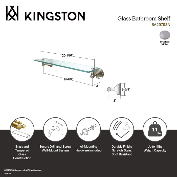 Kingston Brass BA2979SN Governor Cosmetic Glass Shelf, Brushed Nickel
