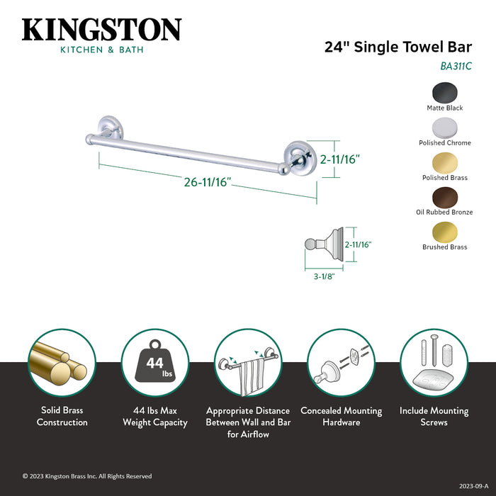 Kingston Brass BA311ORB Classic 24" Single Towel Bar, Oil Rubbed Bronze
