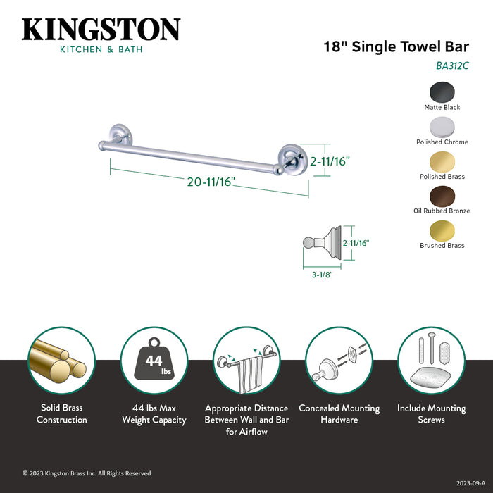 Kingston Brass BA312ORB Classic 18" Single Towel Bar, Oil Rubbed Bronze