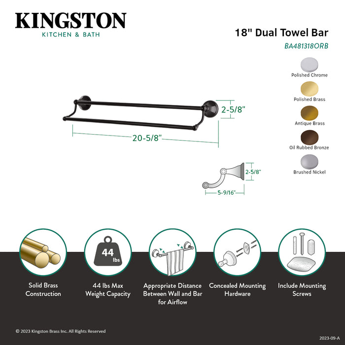 Kingston Brass BA481318AB Metropolitan 18" Double Towel Bar, Antique Brass