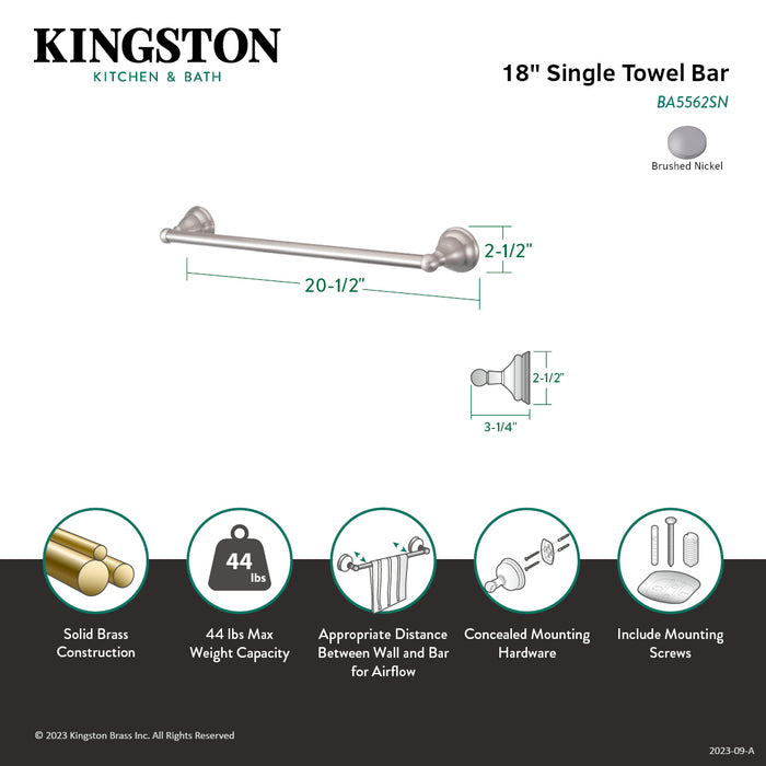 Kingston Brass BA5562SN Royale 18" Towel Bar, Brushed Nickel