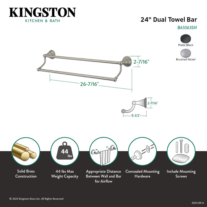 Kingston Brass BA5563SN Royale 24-Inch Dual Towel Bar, Brushed Nickel