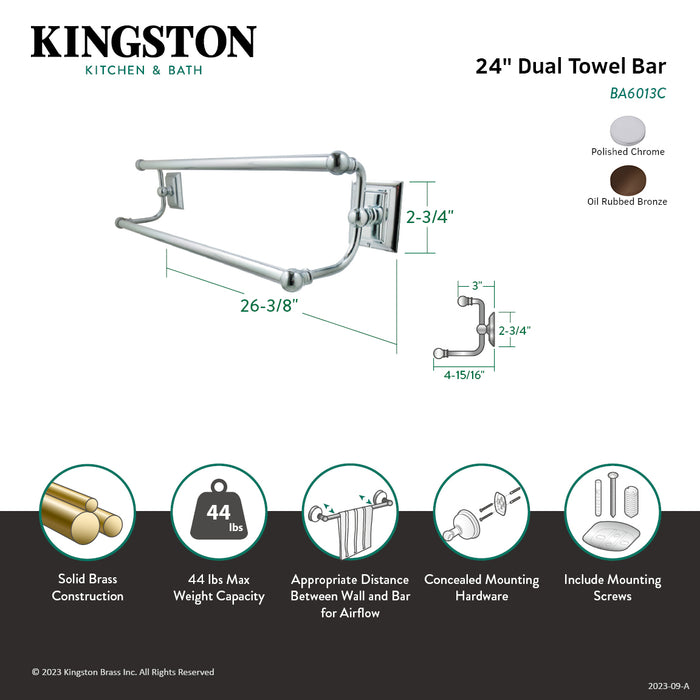 Kingston Brass BA6013ORB Millennium 24" Dual Towel Bar, Oil Rubbed Bronze