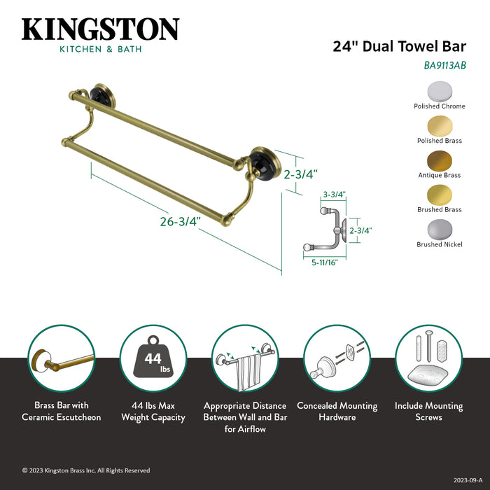 Kingston Brass BA9113AB Water Onyx 24" Double Towel Bar, Antique Brass