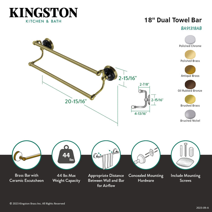 Kingston Brass BA91318BN Water Onyx 18 in. Dual Towel Bar, Brushed Nickel