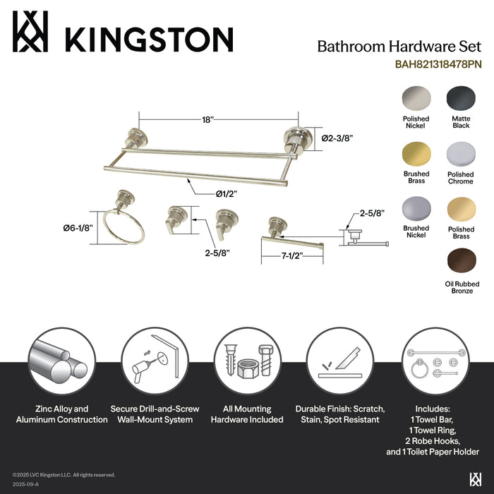 Kingston Brass BAH821318478PN Concord 5-Piece 18" Dual Towel Bar Bathroom Accessory Set, Polished Nickel