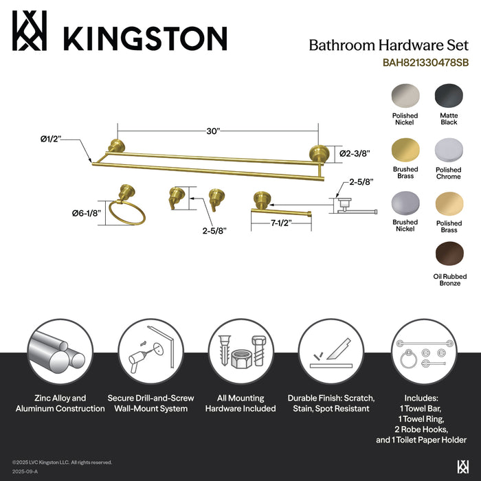 Kingston Brass BAH821330478C Concord 5-Piece 30" Dual Towel Bar Bathroom Accessory Set, Polished Chrome