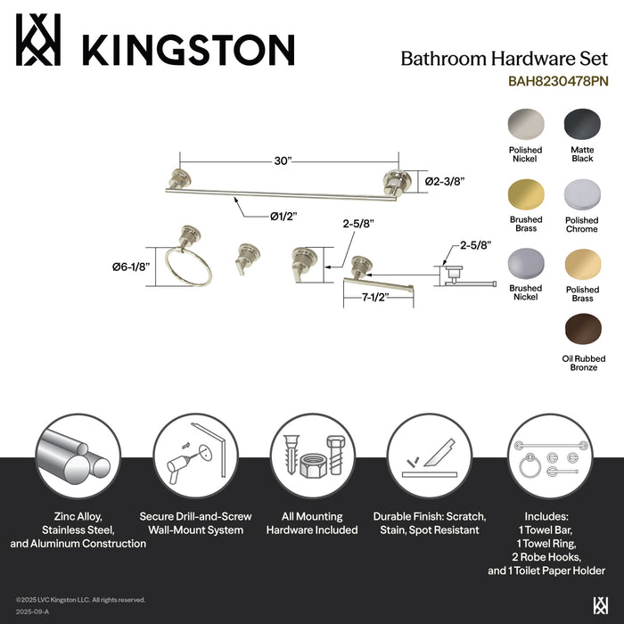 Kingston Brass BAH8230478PB Concord 5-Piece 30" Towel Bar Bathroom Accessory Set, Polished Brass