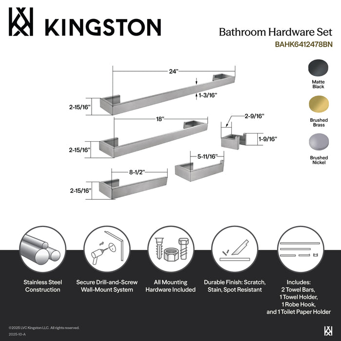 Kingston Brass BAHK6412478BB Lasdun 5-Piece 18" and 24" Towel Bars Bathroom Accessory Set, Brushed Brass