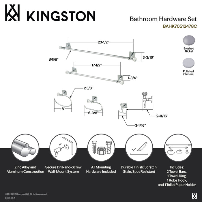 Kingston Brass BAHK70512478C Celebrity 5-Piece 18" and 24" Towel Bars Bathroom Accessory Set, Polished Chrome