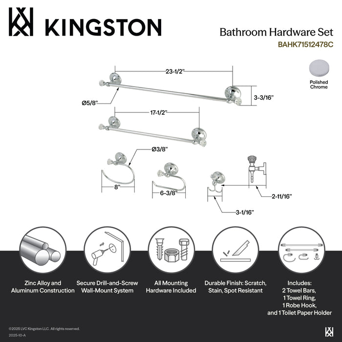 Kingston Brass BAHK71512478C Celebrity 5-Piece 18" and 24" Towel Bars Bathroom Accessory Set, Polished Chrome