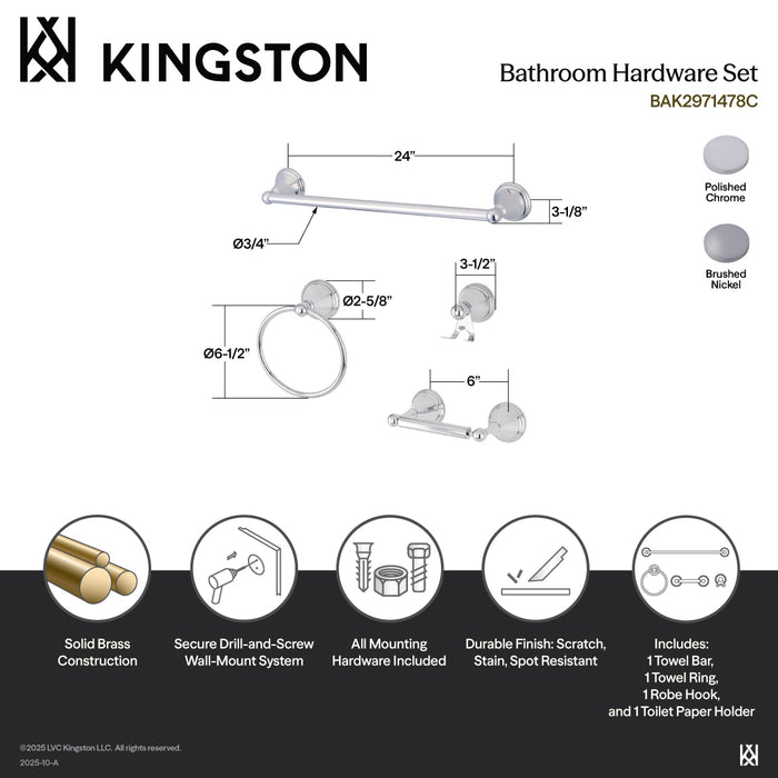 Kingston Brass BAK2971478C Governor 4-Piece 24" Towel Bar Bathroom Accessory Set, Polished Chrome