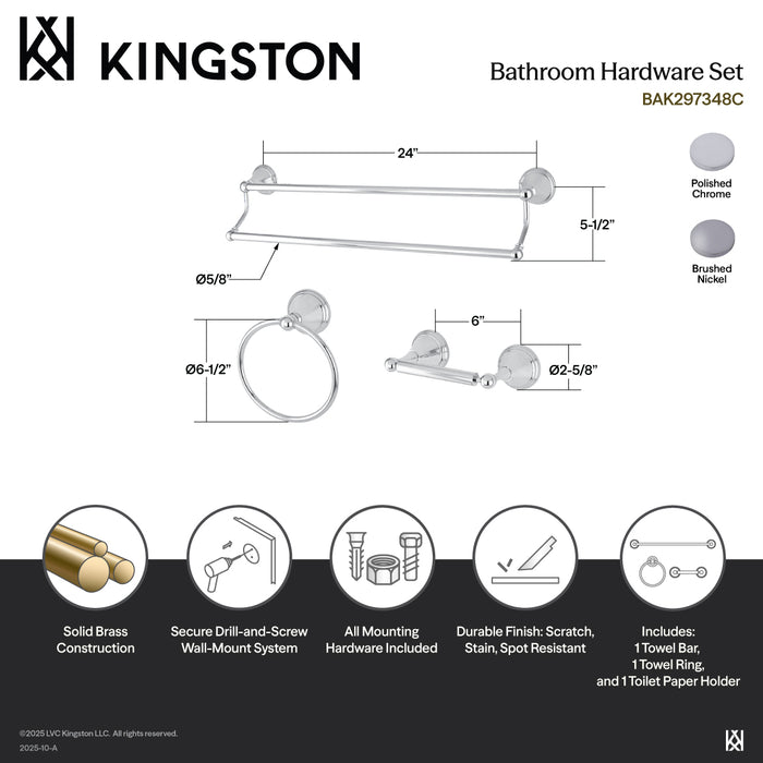 Kingston Brass BAK297348C Governor 3-Piece 24" Dual Towel Bar Bathroom Accessory Set, Polished Chrome