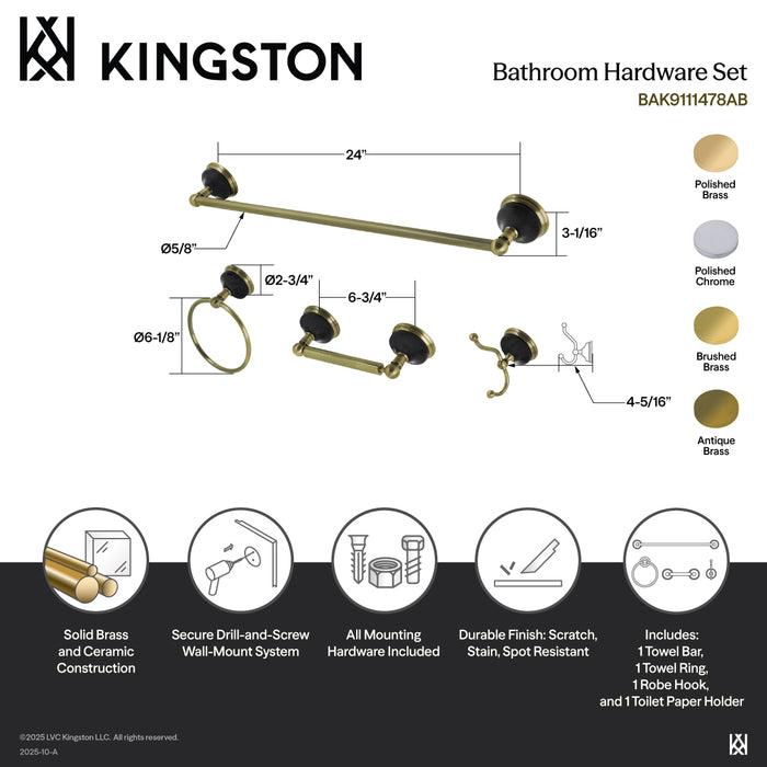 Kingston Brass BAK9111478C Water Onyx 4-Piece 24" Towel Bar Bathroom Accessory Set, Polished Chrome