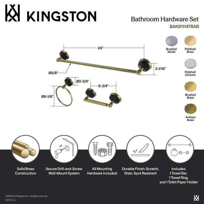 Kingston Brass BAK911148C Water Onyx 3-Piece 24" Towel Bar Bathroom Accessory Set, Polished Chrome