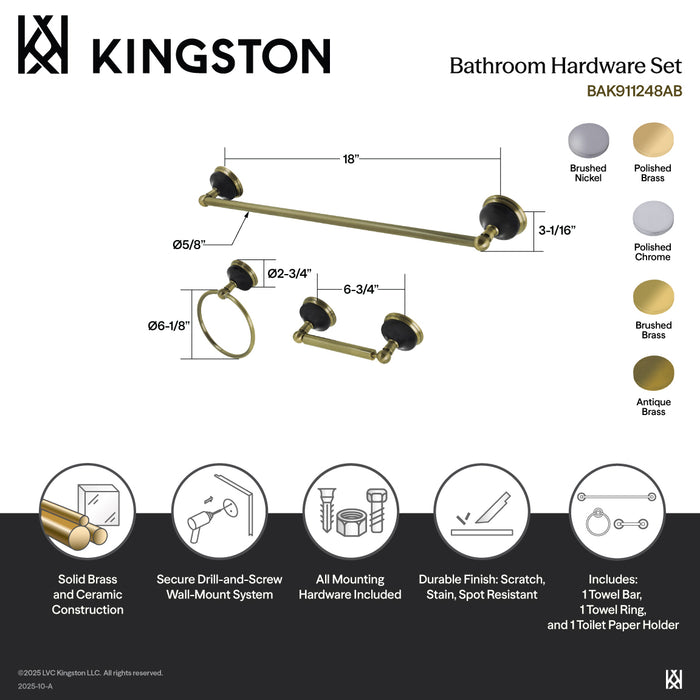 Kingston Brass BAK911248C Water Onyx 3-Piece 18" Towel Bar Bathroom Accessory Set, Polished Chrome