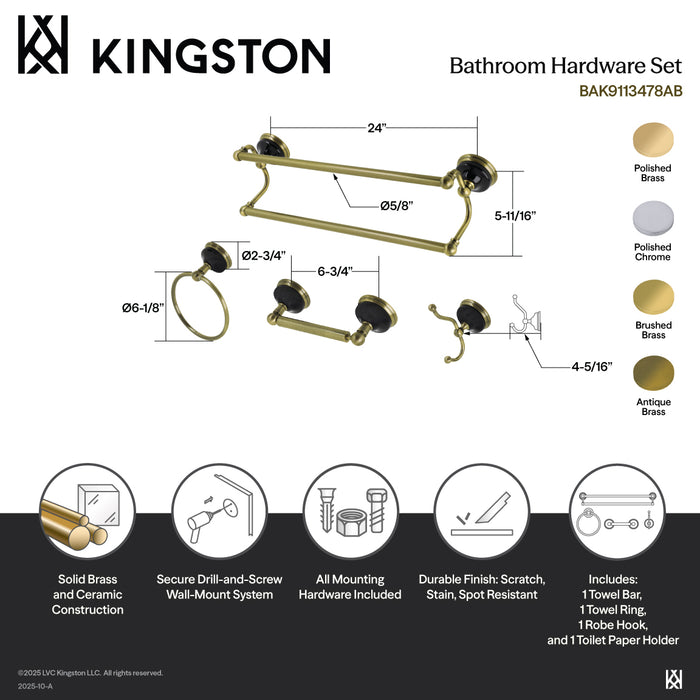 Kingston Brass BAK9113478C Water Onyx 4-Piece 24" Dual Towel Bar Bathroom Accessory Set, Polished Chrome
