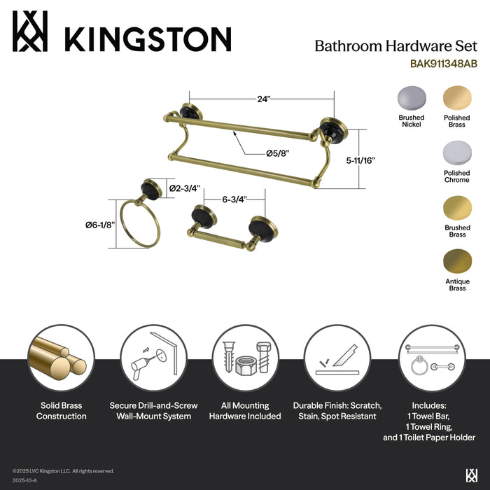 Kingston Brass BAK911348AB Water Onyx 3-Piece 24" Dual Towel Bar Bathroom Accessory Set, Antique Brass